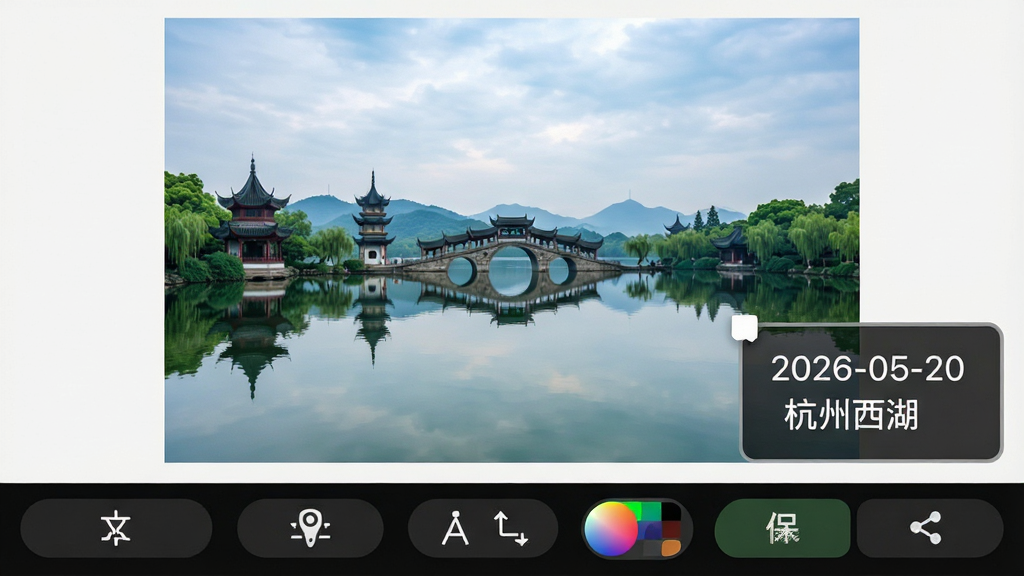 水印相机编辑水印照片编辑界面截图,画面中央是一张已导入的风景照片,照片右下角有一个可拖拽的水印框,水印框内显示“2026-05-20 杭州西湖”文字。屏幕底部工具栏包含文字编辑、位置调整、大小缩放、颜色选择、保存和分享按钮。整体采用深色工具栏搭配浅色照片区域,界面布局清晰,操作按钮图标直观易懂,画质高清,无多余元素。