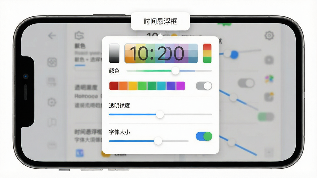一张设置面板界面展示图,画面中央是手机屏幕显示时间悬浮框的设置选项列表,包含颜色选择器、透明度滑块、字体大小调节等控件,布局整齐,风格为现代简约UI设计,细节有滑块、色块、开关按钮,画质高清,画面中标注