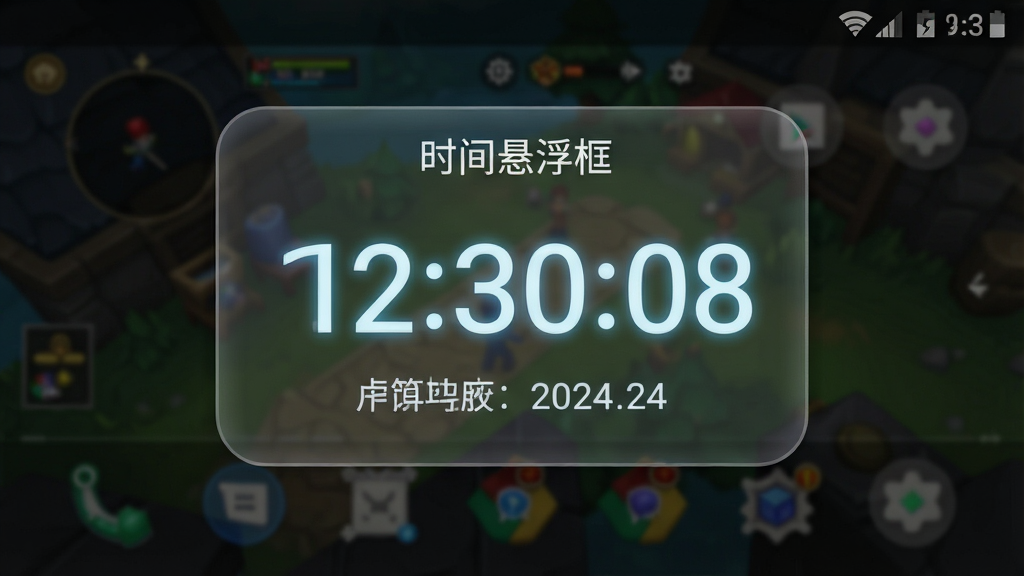 一张安卓手机屏幕截图风格的插画,画面中央展示一个半透明的悬浮时间窗口显示着数字时钟和日期,悬浮窗覆盖在游戏画面之上,背景是深色手机桌面,整体布局简洁清晰,风格为扁平化UI设计,细节包含圆角悬浮框、发光数字、状态栏图标,画质高清干净无多余元素,画面中悬浮窗上写着