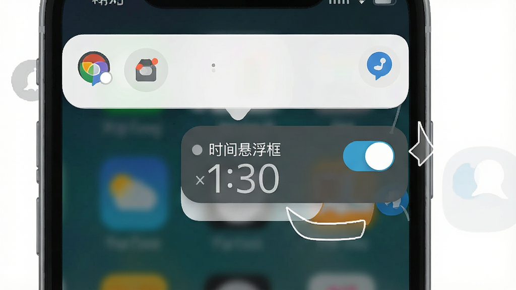 一张手机通知栏下拉界面示意图,画面展示时间悬浮框的快捷开关按钮位于通知栏中,布局为竖屏手机顶部下拉,排版简洁,风格为扁平化UI设计,细节包含通知栏图标、开关按钮、时间显示,画质高清,画面中标注