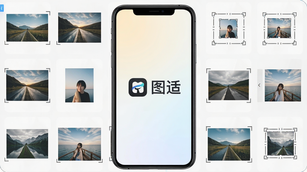 一张展示图适软件主界面的手机屏幕截图,画面中央是图适的Logo和名称“图适”,背景为浅色渐变,周围环绕着不同比例的图片缩略图和裁剪框示意图,布局简洁清晰,风格现代扁平化,细节上体现图片适配与裁剪功能,画质清晰干净,无多余元素