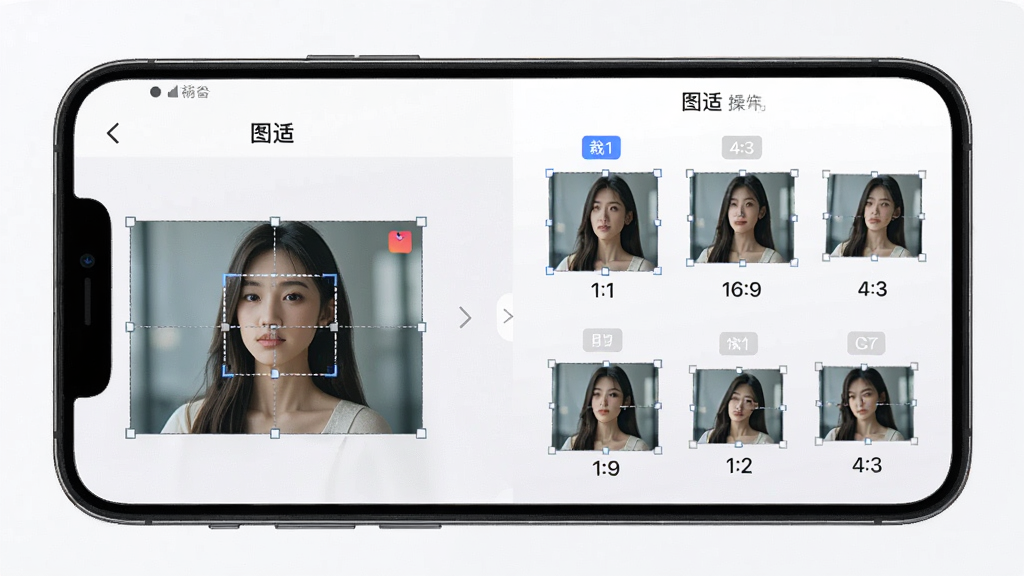 一张图适软件智能比例适配功能的界面展示图,画面中手机屏幕显示“图适”操作界面,左侧是原始图片,右侧是自动适配后的多种比例预览框,包括1:1、16:9、4:3等标签,布局左右对比,风格清爽科技感,细节展示裁剪框与比例数值,画质清晰干净,无多余元素