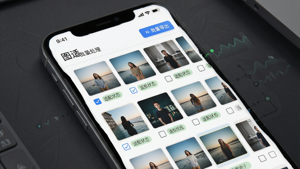 一张图适软件批量处理功能的界面示意图,画面中手机屏幕显示“图适”批量处理列表,多张图片缩略图排列整齐,每张图片下方有勾选框和适配状态标签,顶部有批量导出按钮,布局规整,风格简约商务,细节体现批量操作与进度提示,画质清晰干净,无多余元素
