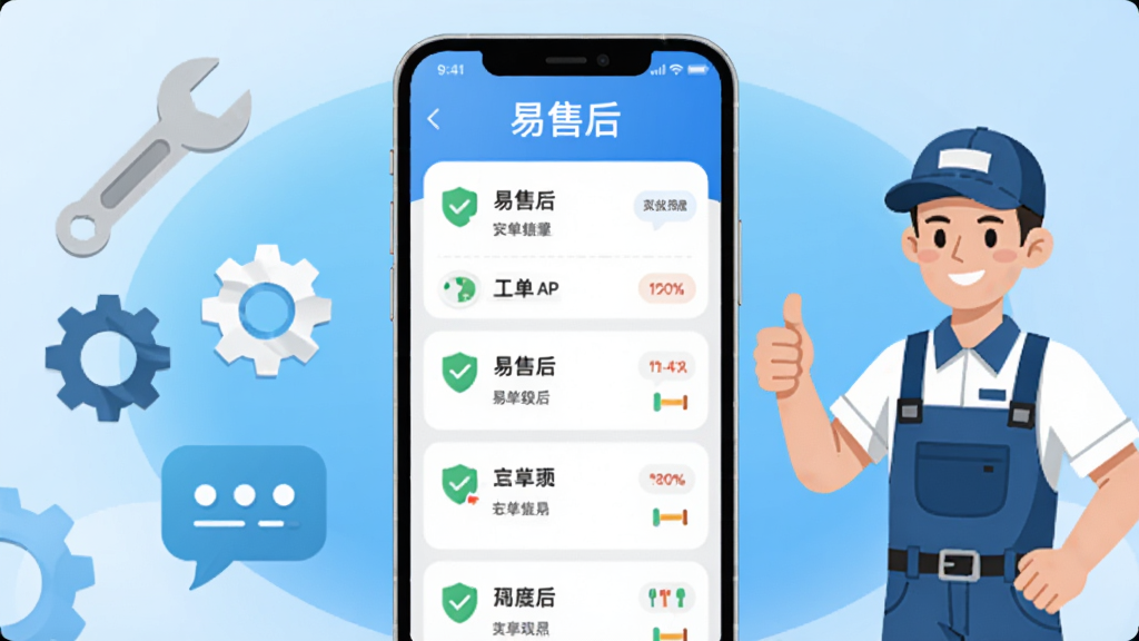 画面中央放置一部智能手机,屏幕显示“易售后”APP的工单列表界面,背景为简洁的蓝色渐变,左侧漂浮着扳手、齿轮、对话气泡等售后元素图标,右侧有一名身穿工装的维修师傅竖起大拇指,整体风格为扁平化插画,色彩明亮干净,构图平衡,画质清晰,无多余杂乱元素