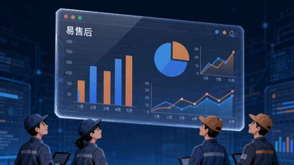 一块悬浮在空中的半透明数据看板,上面显示“易售后”的柱状图、饼图和折线图,图表颜色为蓝橙搭配,看板下方有几位身穿工装的员工抬头观看,背景为深蓝色科技背景,风格为数据可视化插画,画质锐利,无多余文字