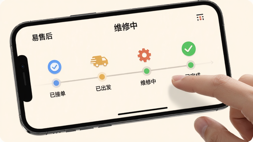 一部手机横屏展示“易售后”的时间轴界面,时间轴上依次排列着“已接单”“已出发”“维修中”“已完成”等节点,每个节点旁有对应的小图标,背景为柔和的米白色,画面右侧有一只手正在点击屏幕,风格为写实UI展示图,画质细腻,无多余元素