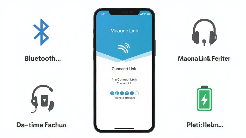 一张展示Maono Link新手操作要点的信息图,画面中央是手机屏幕显示连接成功的界面,周围环绕着几个图标,分别代表蓝牙、权限、耳机和电池,图标下方有简短的文字说明,整体布局清晰,风格扁平化,细节干净,画质高清,无多余元素