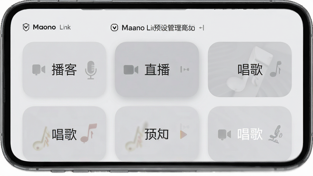 一张展示Maono Link预设管理界面的示意图,画面中手机屏幕上排列着多个预设卡片,卡片上标注着“播客”“直播”“唱歌”等文字,卡片采用圆角设计,背景为浅灰色,风格清新简约,细节清晰,画质高清,干净,无多余元素