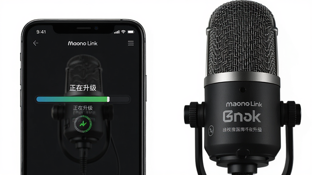 一张展示Maono Link固件升级界面的示意图,画面中手机屏幕显示进度条和“正在升级”的提示文字,旁边有一支闪克麦克风,背景为白色,风格简洁明快,细节清晰,画质高清,干净,无多余元素