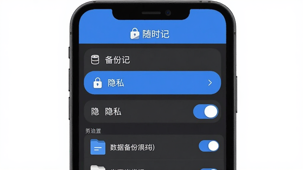 一张展示随时记数据备份与安全设置界面的预览图,画面中手机屏幕显示备份选项和隐私开关,顶部有「随时记」标识,整体采用深灰色与蓝色搭配,布局简洁,风格为安全类应用UI,细节包含锁形图标和文件列表,画质清晰,干净,无多余元素