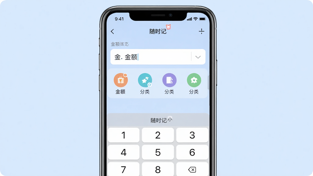 一张展示随时记快速记账流程的界面图,画面主体是手机屏幕,屏幕内显示金额输入框和分类图标,背景为柔和浅蓝色,布局居中,风格为清爽移动端UI,细节包含数字键盘和「随时记」小字标识,画质清晰,干净,无多余元素