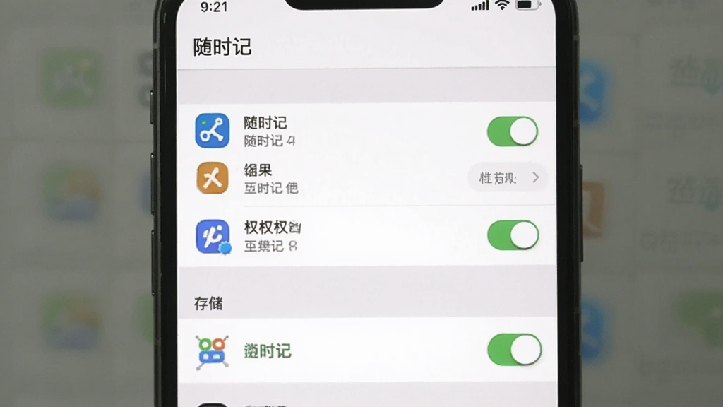 一张展示随时记在手机设置中权限管理界面的预览图,画面主体是手机屏幕,屏幕内显示应用权限列表和存储开关,顶部有「随时记」名称,整体采用系统原生设置界面风格,布局清晰,细节包含权限图标和开关按钮,画质清晰,干净,无多余元素