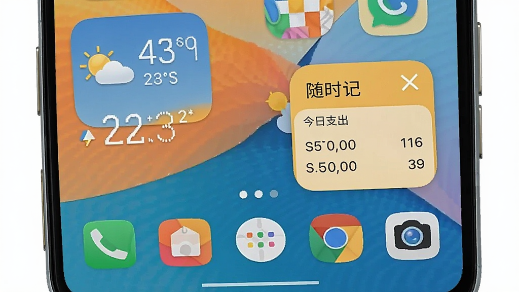 一张展示随时记桌面小组件效果的预览图,画面主体是手机主屏幕,屏幕上有多个应用图标和一个显示「随时记」今日支出的方形小组件,整体采用明亮活泼的配色,布局符合安卓桌面习惯,风格为现代手机主题展示,细节包含天气小组件和底部Dock栏,画质清晰,干净,无多余元素
