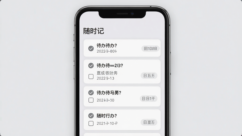 一张展示随时记记事列表界面的预览图,画面中手机屏幕显示多条待办事项和备忘内容,顶部有「随时记」标题,整体采用素雅浅灰配色,布局纵向排列,风格为极简卡片式设计,细节包含勾选圆圈和日期标签,画质清晰,干净,无多余元素