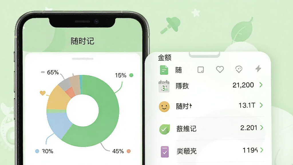 一张展示随时记分类统计图表的界面图,画面主体是手机屏幕,屏幕内显示饼状图和分类金额列表,上方有「随时记」文字,整体采用清新浅绿色调,布局清晰,风格为数据可视化UI,细节包含百分比数字和分类图标,画质清晰,干净,无多余元素