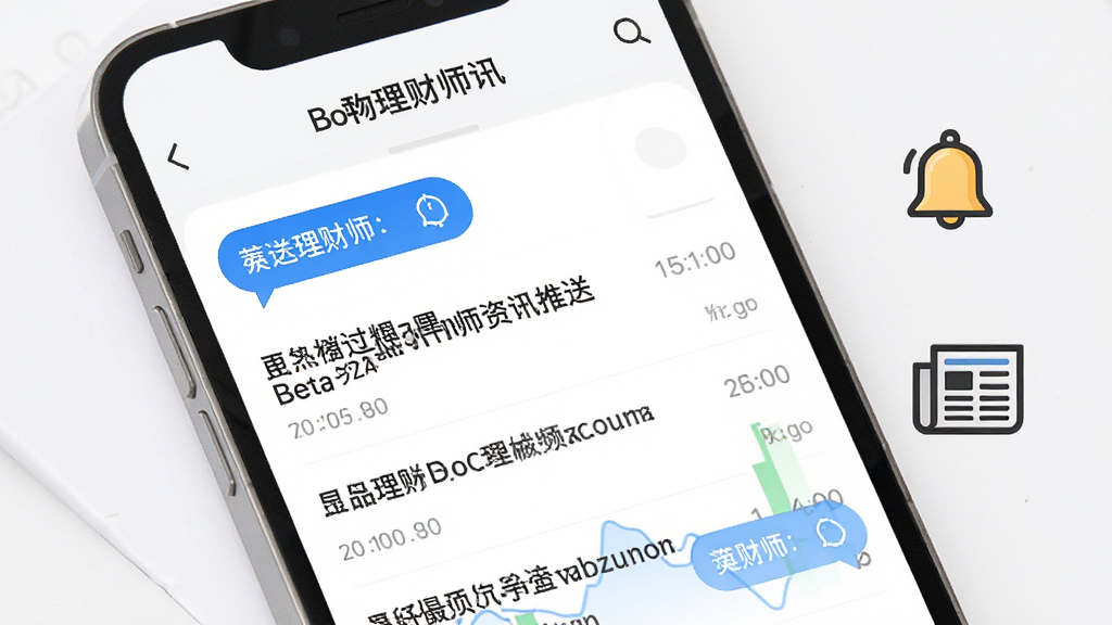 主体是Beta理财师资讯推送界面,显示新闻列表和推送通知;布局为手机屏幕特写,旁边有铃铛和报纸图标;排版整齐;风格为清新资讯风;细节包含蓝色通知气泡、财经标题、时间戳;画质高清,干净,无多余元素