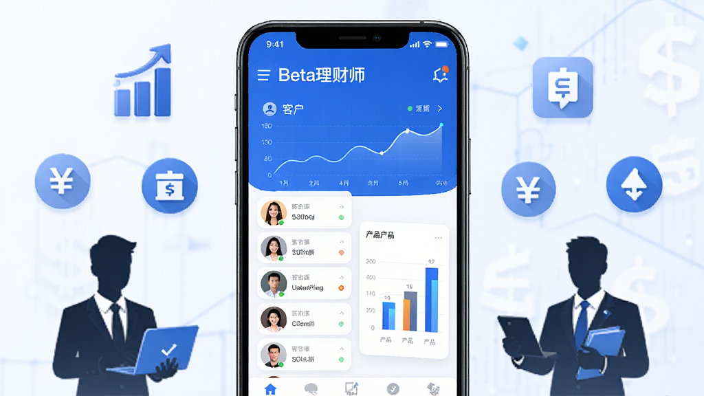 主体是一台智能手机,屏幕上显示Beta理财师软件界面,包含客户列表和产品图表;布局为手机居中,周围环绕金融图标和理财师人物剪影;排版简洁清晰;风格为现代商务科技感;细节包含蓝色调、数据曲线、客户头像卡片;画质高清,干净,无多余元素