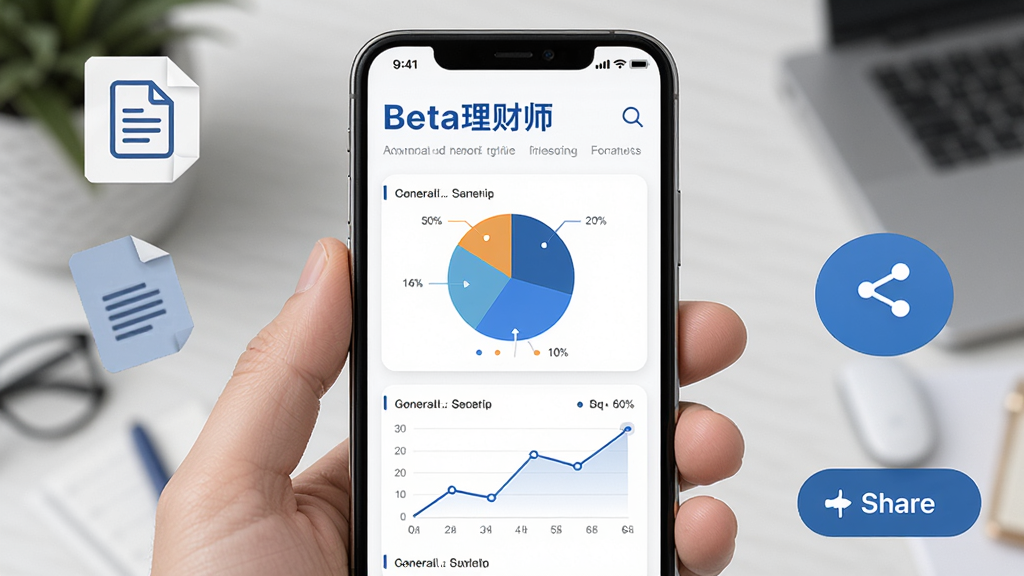 主体是Beta理财师生成理财计划书的手机界面,页面显示图表和文字方案;布局为手机居中,周围有文档图标和分享按钮;排版简洁;风格为商务办公风;细节包含白色背景、蓝色标题、饼状图和曲线图;画质高清,干净,无多余元素