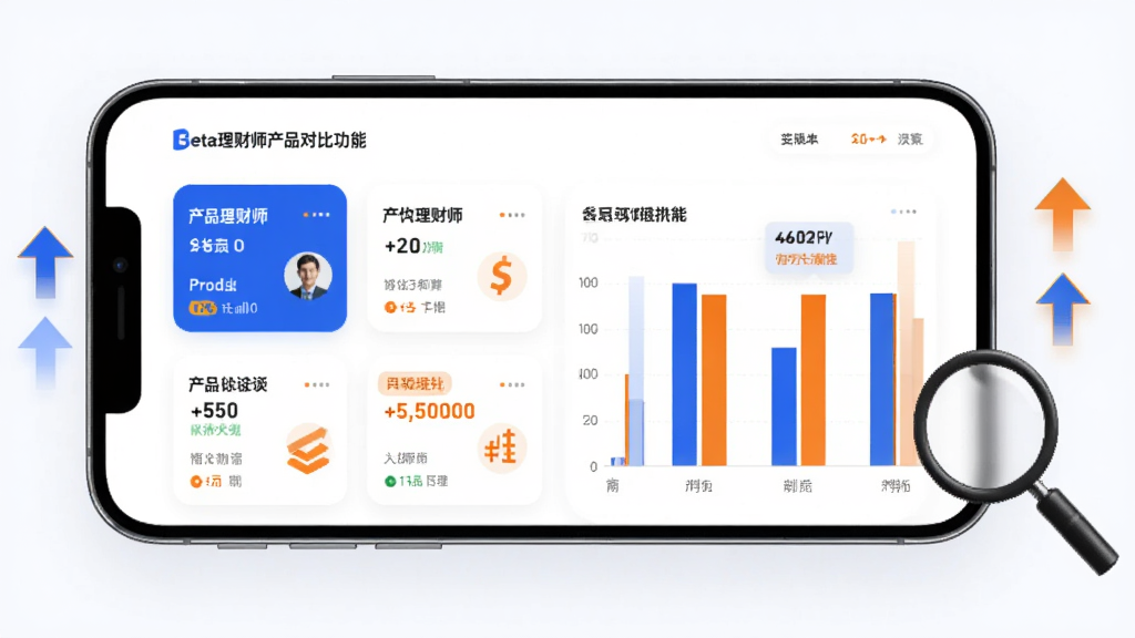 主体是Beta理财师产品对比功能页面,显示多个产品卡片和柱状对比图;布局为手机横屏展示,旁边有数据箭头和放大镜;排版清晰;风格为科技金融风;细节包含蓝橙配色、数据高亮、对比标签;画质高清,干净,无多余元素