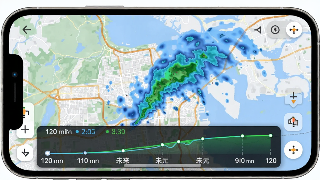 本地气象准时报应用内的降水雷达图界面,屏幕显示城市地图上覆盖蓝绿色降雨云团,下方有时间轴显示未来120分钟降水强度变化曲线,界面配色清新,数据可视化清晰,手机横屏展示,高清画质,画面干净