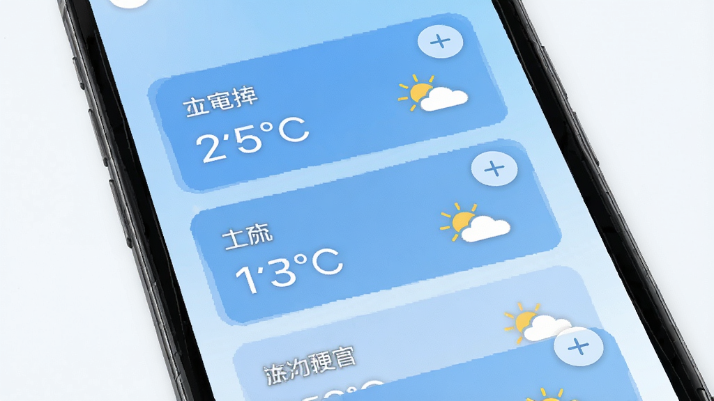本地气象准时报多城市管理界面,手机屏幕显示多个城市天气卡片垂直排列,每个卡片包含城市名、温度、天气图标,右上角有添加按钮,背景为淡蓝色渐变,整体风格清爽简约,高清画质,无多余元素