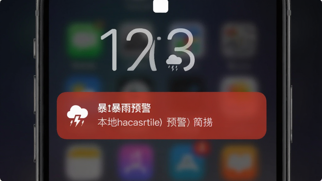 本地气象准时报预警推送界面,手机锁屏状态下显示红色暴雨预警通知卡片,卡片上有预警图标和简要文字说明,背景为深色渐变,突出通知的紧迫感,界面设计简洁醒目,高清画质