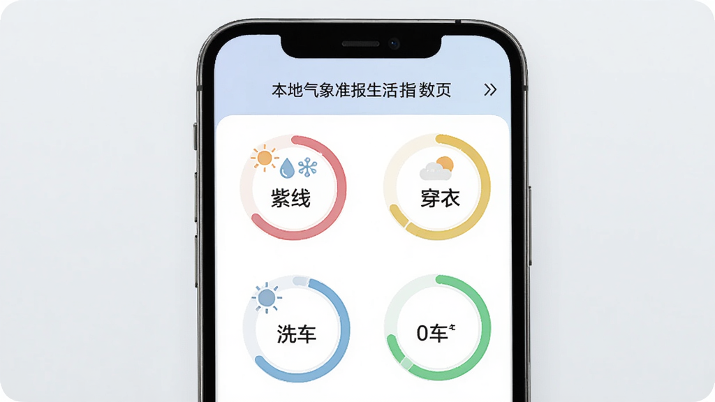本地气象准时报生活指数页面,手机屏幕展示空气质量、紫外线、穿衣、洗车等图标和数值,每个指数配有彩色圆形进度条,界面布局整齐,配色柔和,扁平化设计风格,高清画质,干净无杂乱