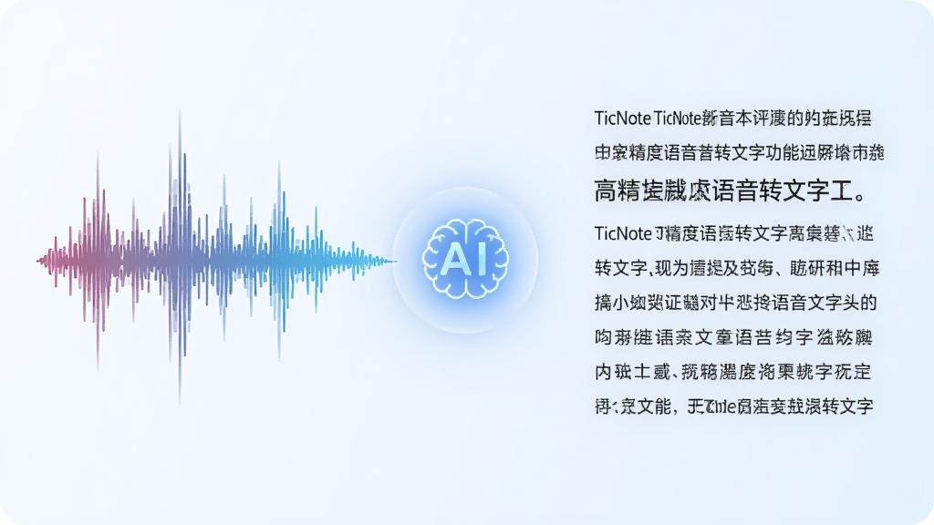 一幅展示TicNote高精度语音转文字功能的图片,画面左侧是声波,右侧是整齐排列的中文文字,中间有一个发光的AI大脑图标连接,背景是干净的浅蓝色,风格科技简洁,画质高清,干净,无多余元素