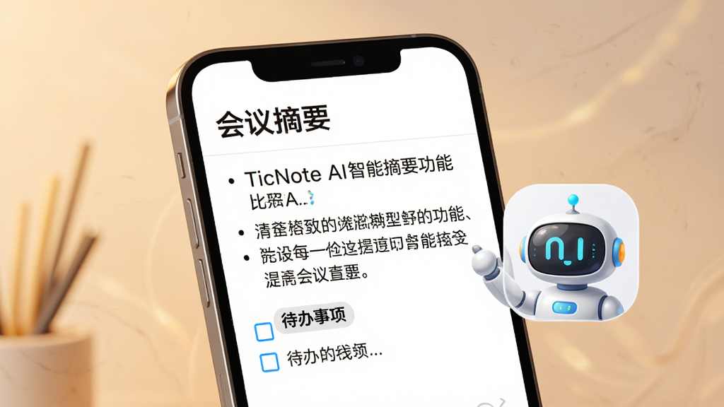 一幅展示TicNote AI智能摘要功能的图片,画面中央是手机屏幕,屏幕上方显示“会议摘要”标题,下方有分点列出的摘要内容和待办事项复选框,旁边有AI机器人小助手图标,背景是柔和的暖色调,风格现代商务,画质高清,干净,无多余元素
