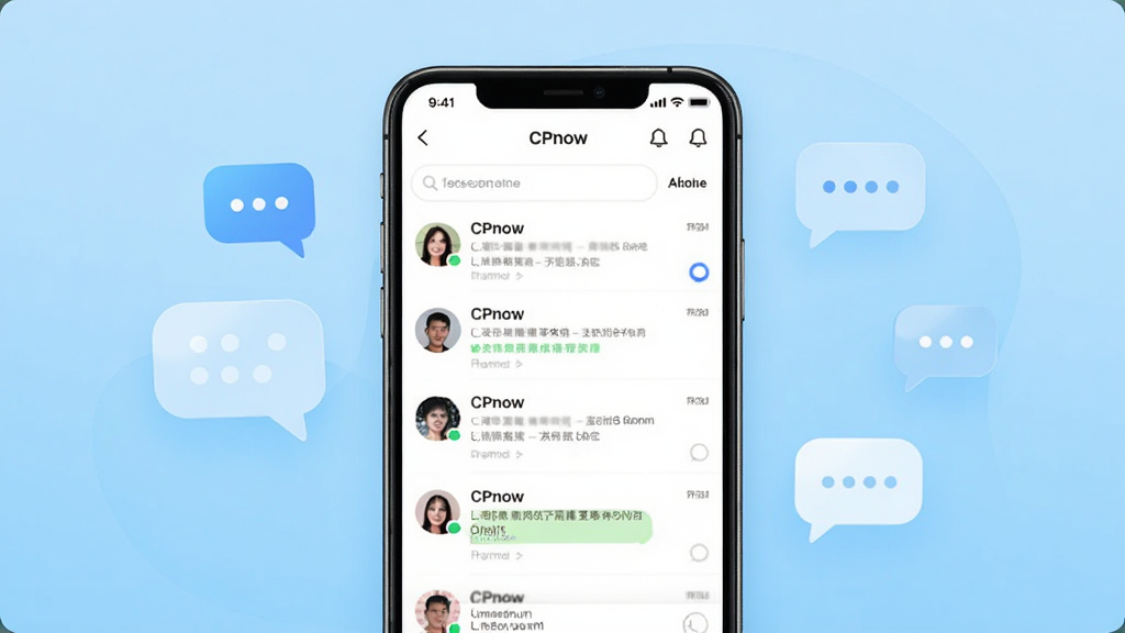 CPnow 社交应用主界面展示,手机屏幕居中放置,屏幕内显示聊天列表和用户头像,背景为浅蓝色渐变,周围点缀聊天气泡图标,风格简洁现代,细节清晰,画质干净,无多余元素