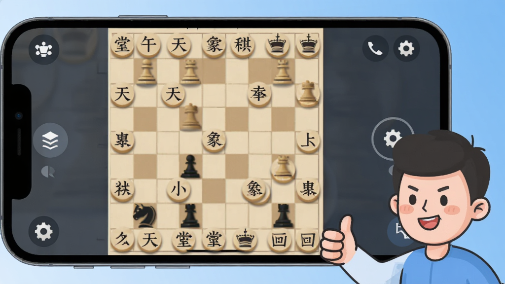 一张展示天天象棋移动端使用技巧的图片,画面主体是一部手机横屏展示天天象棋对局界面,旁边有一个卡通人物竖起大拇指,背景是简洁的蓝色渐变,布局手机居中偏左,人物在右下方,风格扁平化插画,细节包括手机屏幕上的棋盘棋子、设置菜单图标,画质清晰,干净整洁,无多余元素