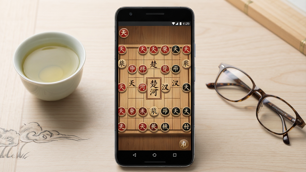 一张展示天天象棋主界面的手机应用截图风格图片,画面中央是一部竖屏安卓手机,屏幕内显示天天象棋的木质棋盘界面,红黑棋子清晰排列,背景为淡雅的中国风木质纹理桌面,旁边摆放着一杯清茶和一副老花镜,整体布局居中对称,风格写实柔和,细节包括棋子上的楷体汉字、棋盘上的楚河汉界字样,画质高清,干净整洁,无多余元素