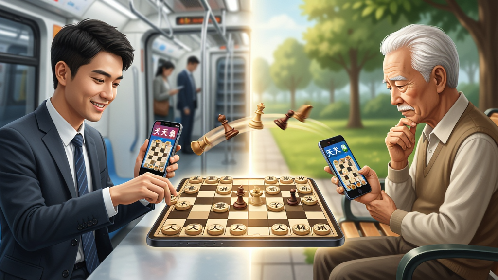 一张以天天象棋为主题的AI生图,主体是两位棋手隔着手机屏幕对弈的场景,左侧是一位年轻上班族在地铁上拿着手机微笑落子,右侧是一位白发老者在公园长椅上用手机认真思考,中间用一道发光的棋盘光带相连,布局左右对称,风格温馨写实,细节包括手机屏幕上的天天象棋界面、棋子飞行的动态轨迹,画质高清,干净明亮,无多余元素
