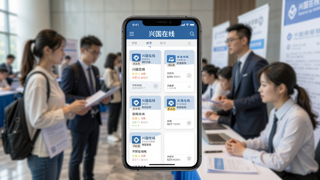 招聘会现场场景,前景是一部手机展示