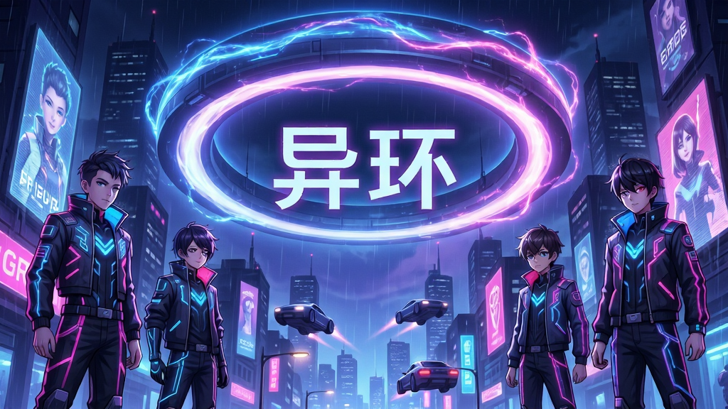 主体为一座未来感十足的都市夜景,中央悬浮着巨大的发光圆环,周围环绕着身穿异能服饰的少男少女角色,画面下方有闪烁的霓虹街道与飞行载具;布局采用居中对称构图,圆环位于画面正上方,角色分布在两侧下方;排版上游戏标题