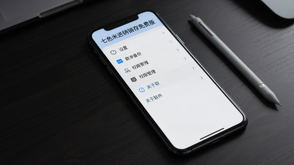 一张手机屏幕截图风格的图片,展示“七色米进销存免费版”的设置菜单界面,画面中有数据备份、权限管理、关于软件等选项,手机放置在深色桌面上,旁边有一支触控笔,风格为科技简约风,细节上菜单文字清晰、图标精致,画质干净无噪点