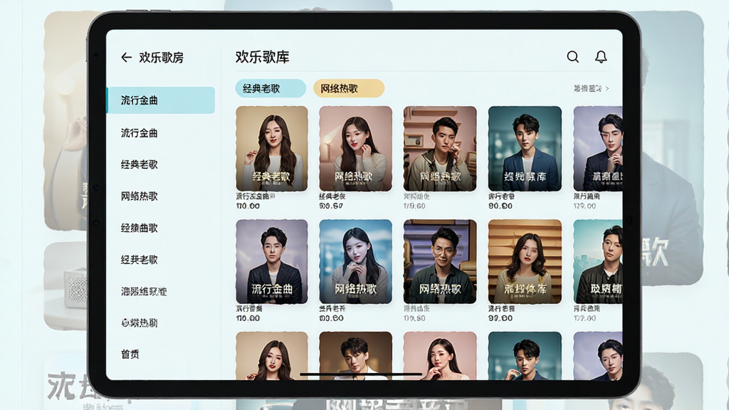 欢乐歌房海量曲库界面展示,主体为平板电脑横屏放置,屏幕内显示歌曲分类列表,布局为左侧分类导航、右侧歌曲封面网格,排版清晰,风格为清新浅色系UI,细节包含流行金曲、经典老歌、网络热歌等分类标签,画质高清,干净,无多余元素