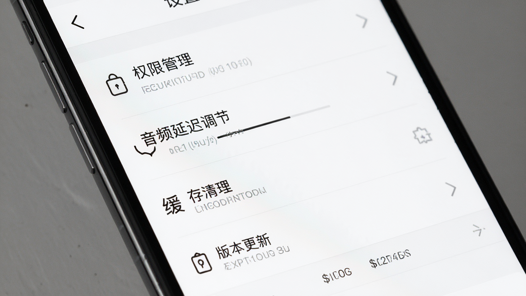 欢乐歌房移动端设置界面展示,主体为手机屏幕特写,布局为设置选项列表,排版规整,风格为极简白色UI,细节包含权限管理、音频延迟调节、缓存清理、版本更新等菜单项,画质高清,干净,无多余元素