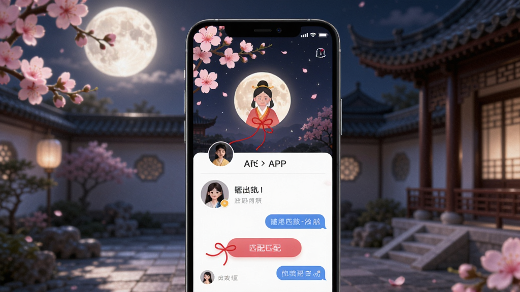 一幅温馨的移动端社交应用界面展示图,画面中央是一部智能手机,屏幕上显示着月下老人APP的主页,有粉色的桃花元素和红线缠绕的图标,背景是柔和的月光和古典庭院风格,布局简洁清晰,风格唯美浪漫,细节包括用户头像、匹配按钮和聊天气泡,画质高清,干净,无多余元素。
