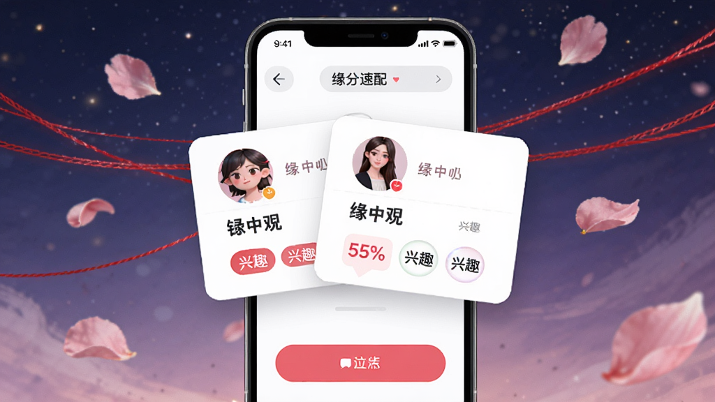 画面展示一部手机屏幕,上面显示着月下老人APP的缘分速配界面,两张用户卡片叠加,卡片上有头像、昵称和兴趣标签,背景是漂浮的红色丝线和粉色花瓣,布局居中,风格清新浪漫,细节有匹配度百分比和互动按钮,画质高清,干净,无多余元素。