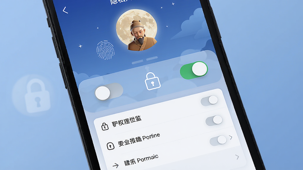 一部手机屏幕显示月下老人APP的隐私设置页面,画面中有开关按钮、锁形图标和权限选项列表,背景是柔和的蓝色渐变,布局清晰,风格安全可靠,细节有指纹识别图案和加密锁标志,画质高清,干净,无多余元素。