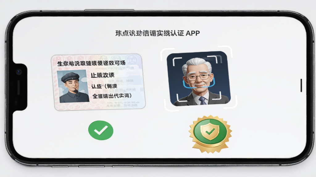 手机屏幕展示月下老人APP的实名认证页面,画面中有身份证上传区域、人脸识别框和认证成功徽章,背景是浅灰色,布局简洁,风格正式可信,细节有绿色对勾和盾牌图标,画质高清,干净,无多余元素。