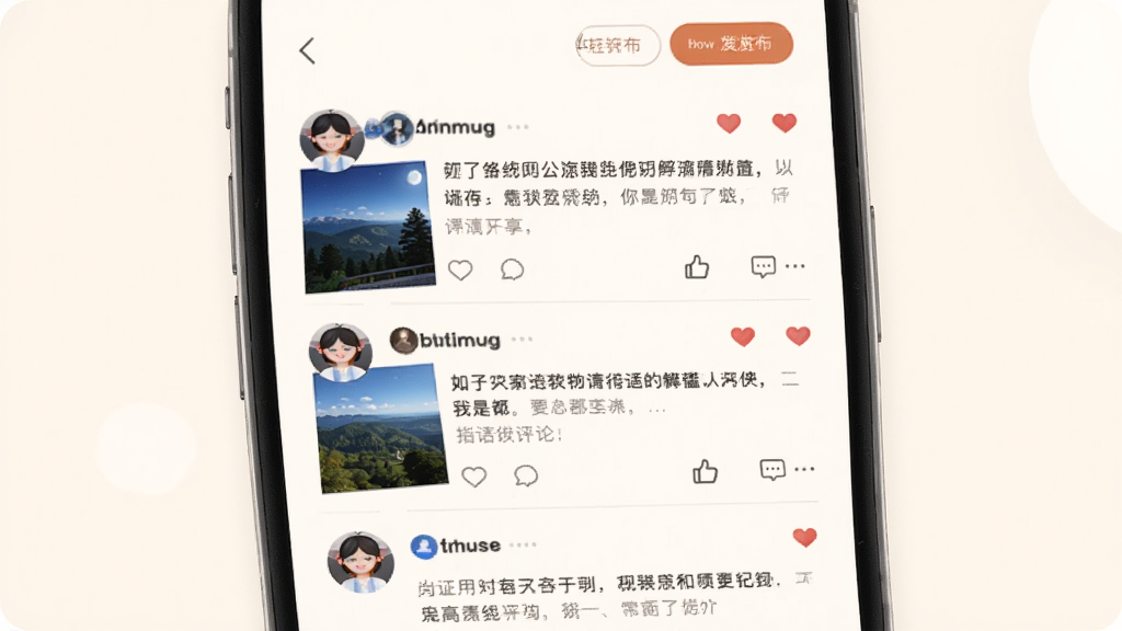 手机屏幕展示月下老人APP的社区动态页面,画面中有多条用户动态,包含风景照、文字分享和点赞评论图标,顶部有发布按钮,背景是淡雅的米白色,布局为垂直列表,风格简约温馨,细节有小红心、评论气泡和用户头像,画质高清,干净,无多余元素。
