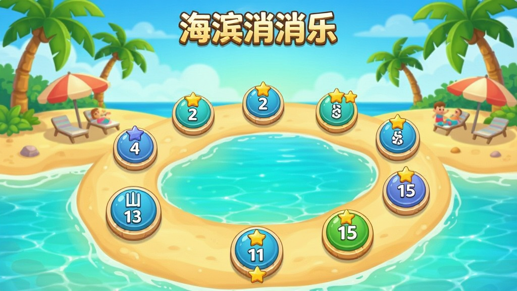 手机游戏海滨消消乐关卡选择界面风格画面,画面展示多个圆形关卡节点排列在一条弯曲的路径上,路径穿过沙滩和浅海,每个节点显示关卡编号和星级,背景是热带海岛风景,有椰子树和遮阳伞,整体风格卡通明亮,竖屏布局,画质高清,干净,无多余元素,画面中带文字“海滨消消乐”。