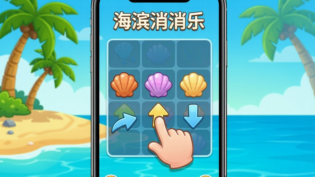 手机游戏海滨消消乐新手引导界面画面,画面展示一个卡通风格的海岛沙滩场景,画面中央有一个手指图标指向棋盘上的三个相同贝壳元素,旁边有箭头提示滑动方向,背景有椰子树和蓝色海水,整体风格清新明亮,竖屏布局,画质高清,干净,无多余元素,画面中带文字“海滨消消乐”。