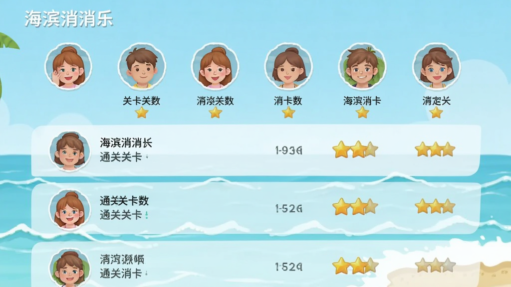 手机游戏海滨消消乐好友排行榜界面画面,画面展示一个排行榜列表,顶部有好友头像和昵称,下方显示各自通关关卡数和星级总数,背景是淡蓝色海洋和白色浪花,整体风格清新简约,竖屏布局,画质清晰,干净,无多余元素,画面中带文字“海滨消消乐”。