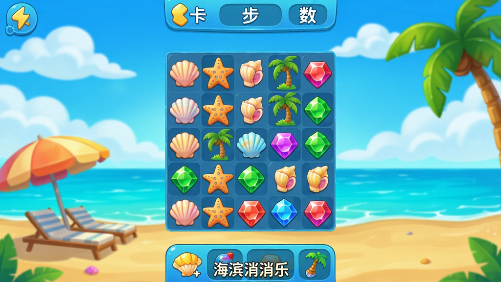 一款以热带海岛为主题的三消手机游戏画面,画面中央是方格棋盘,棋盘上分布着贝壳、海星、椰子树、彩色宝石等消除元素,背景是蓝天白云和碧蓝海水,沙滩上有一把遮阳伞和躺椅,整体风格卡通明亮,色彩以蓝绿黄为主,布局为竖屏手游界面,上方显示关卡目标和步数,下方显示道具栏,画质高清,干净,无多余元素,画面中带文字“海滨消消乐”。