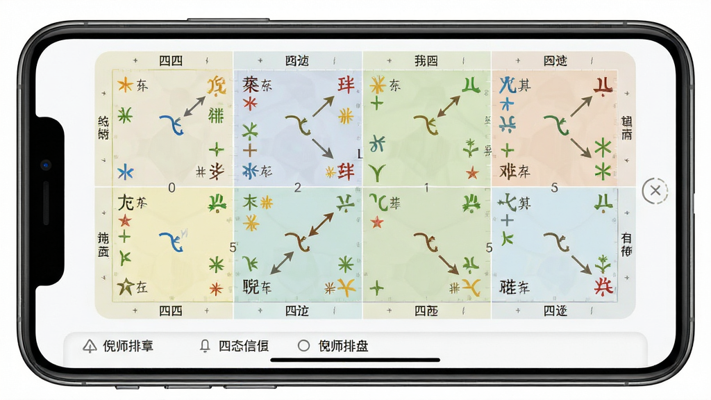 倪师排盘精准排盘引擎界面,画面展示手机屏幕内十二宫格命盘完整呈现,主星辅星以不同颜色标注,四化飞星箭头清晰可见,背景为浅色极简风格,布局上下分层,上方为命盘区域下方为信息栏,细节上星曜文字工整、宫位边框细腻,画质高清,干净,无多余元素