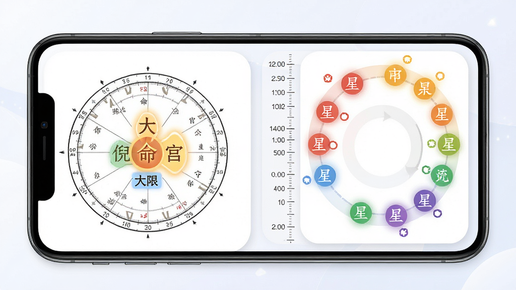 倪师排盘大运流年推演功能展示,手机屏幕显示命盘与时间轴并列,当前大限宫位高亮标注,流年星曜变化以颜色区分,背景为柔和圆角卡片风格,布局左右分栏,细节上时间轴刻度精细、宫位切换流畅,画质高清,干净,无多余元素