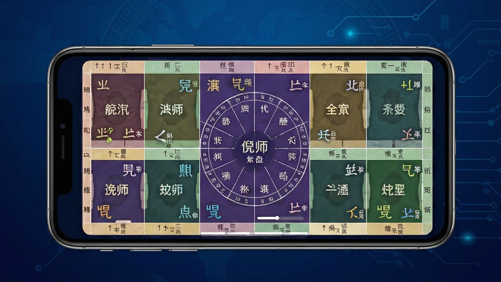 倪师排盘软件主界面展示图,画面中央放置一部智能手机,手机屏幕上显示紫微斗数命盘,十二宫格清晰排列,星曜名称标注完整,背景为深蓝色渐变,布局简洁大方,排版居中对称,风格为科技与传统结合,细节上命盘线条精细、文字锐利,画质高清,干净,无多余元素
